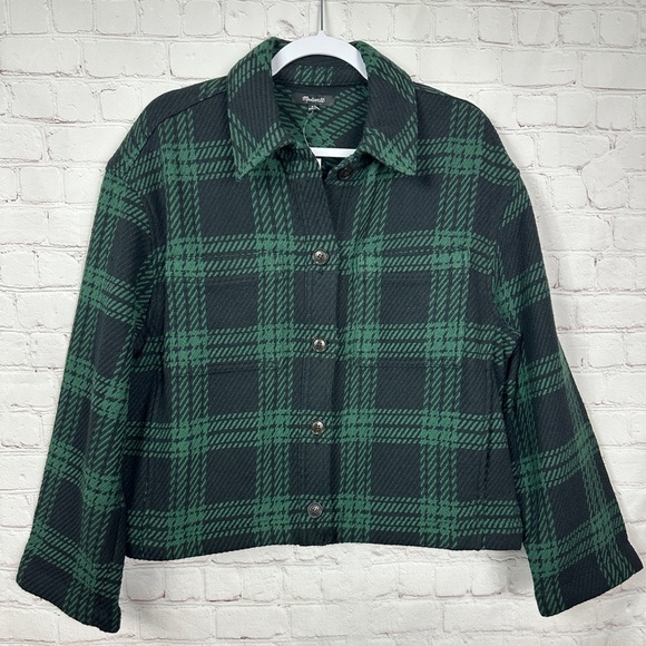 MADEWELL Boxy Shirt Jacket Blazer Green Navy Plaid Button Front NN959 Sz‎ M NWT - Picture 2 of 9